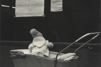 Malý Prešovčan pred výkladom s plagátom s textom „Občania, mládež! Z Prešova urobte mŕtve mesto! Vyveste čierne zástavy!” (ÚPN)