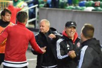 Na snímke radosť hráčov Trnavy a realizačného tímu po postupe v odvete 2. predkola Európskej ligy UEFA Linfield FC - Spartak Trnava (1:3)