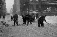 Archívna snímka z 20. februára 1956. Na výzvu Ústredného národného výboru a Obvodných národných výborov nastupujú bratislavskí občania do brigádnických smien na odpratávanie snehu z ulíc mesta.