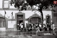 Voliči na Továrenskej ulici v Bratislave 8. júna 1990 pred Klubom dôchodcov, kde bola jedna z volebných miestností.