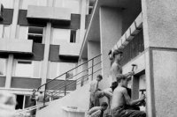 Na snímke žiaci Strednej priemyselnej školy stavebnej v Prešove brigádnicky dokončujú práce na úprave fasády školskej budovy Lesníckej školy.