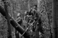 Snímka zo 14. októbra 1964 v Hrabušiciach. Žiaci mali praktické cvičenie z ťažby a manipulácie s drevom.