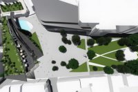 Námestie A. Hlinku so Sadom SNP Návrh "B" - Autor: Ing. Rudolf Tupý, Žilina. Spolupráca: Mgr. Ing. Marek Sobola, PhD. a Ing. arch. Ľubomír Kružel, ml.