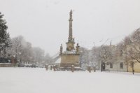 Na Námestí sv. Mikuláša v Trnave pred morovým stĺpom.