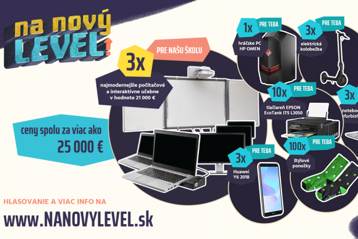 Ilustračný obrázok k článku Podporte svoju školu a vyhrajte super ceny. V celoslovenskej súťaži Na nový level ide o veľa