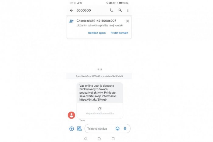 Podvodná SMS, ktorá sa tvári ako od VÚB banky.