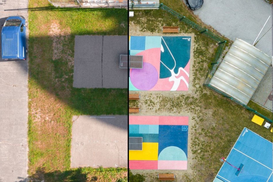 Ihrisko na Ševčenkovej ulici pred a po revitalizácii v rámci Projektu Ihrisko