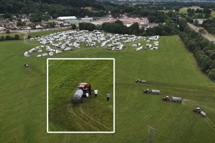 Ilustračný obrázok k článku Virálne VIDEO: Karavany ILEGÁLNE obsadili lúku! Farmári ich postriekali HNOJOM