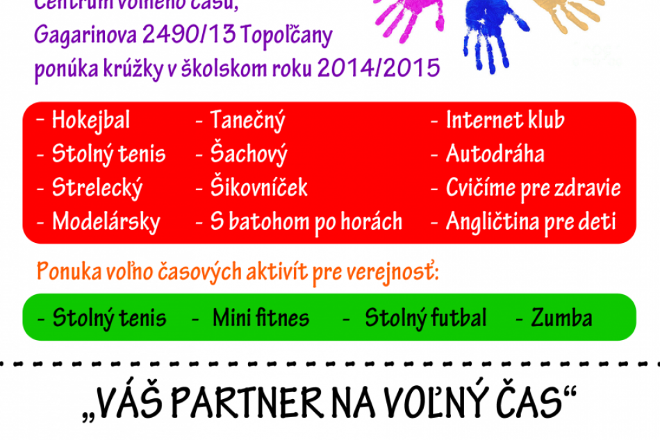 ponuka krúžkov v Centre voľného času