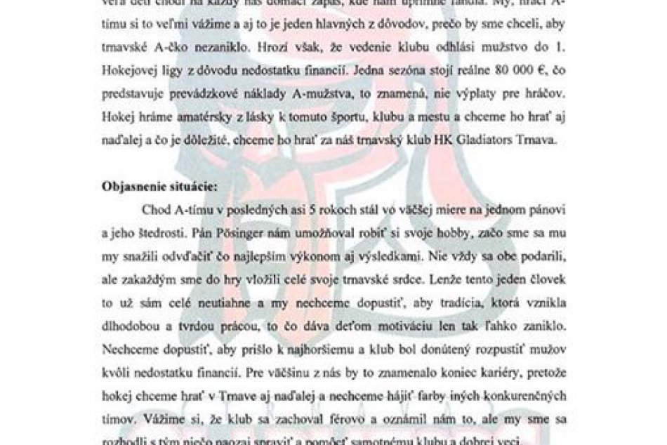 Otvorený list hráčov HK Trnava