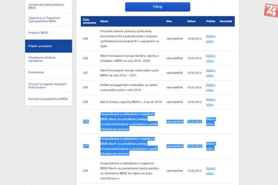 Náhľad na web BBSK: Zmena pri dôležitom dokumente
