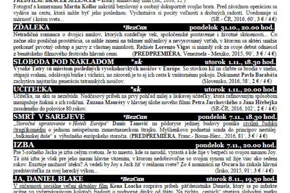 Zimné večery s dobrým filmom: Novembrový PROGRAM kinoklubu Tatra