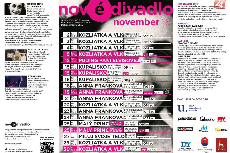 Novembrový PROGRAM: Nové divadlo v Nitre ponúkne zaujímavé predstavenia