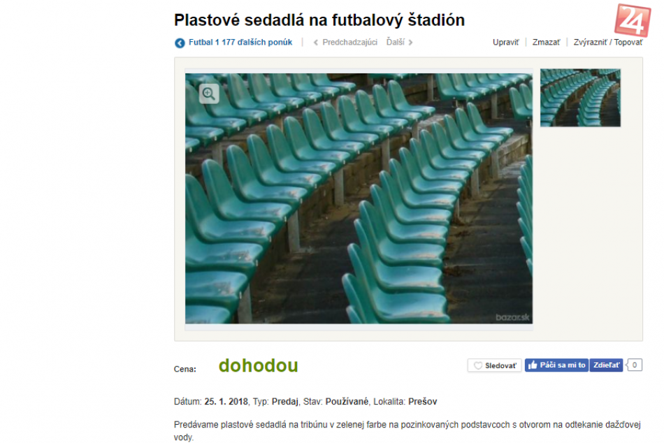FOTO: Vedeli ste? Cez inzeráty predávajú časti prešovského futbalového štadióna
