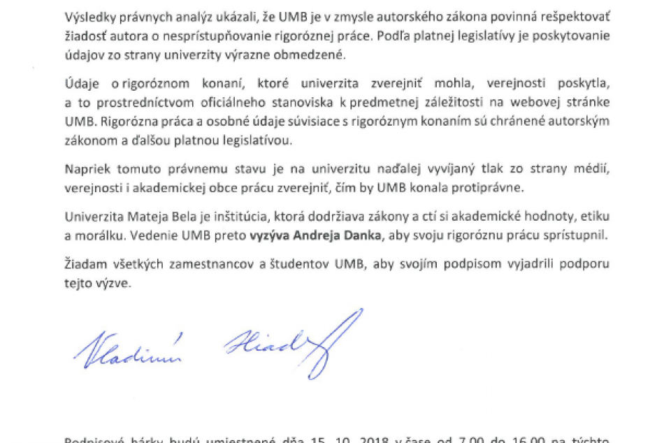 Výzva UMB Andrejovi Dankovi