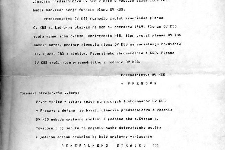 Dobový leták: Predsedníctvo OV KSS takto oznámilo svoje odstúpenie