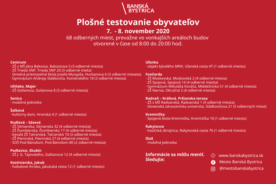 Plagát odberných miest na 2. kolo celoplošného testovania