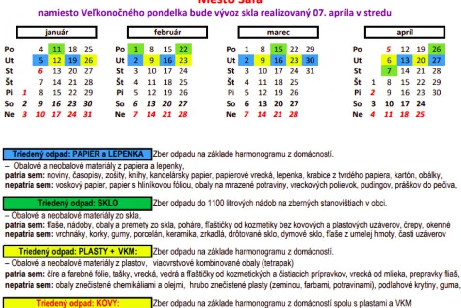 Harmonogram zberu separovaného odpadu z rodinných domov