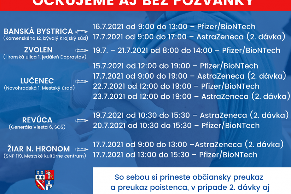 ROZPIS: V BBSK vás po novom zaočkujú aj bez pozvánky