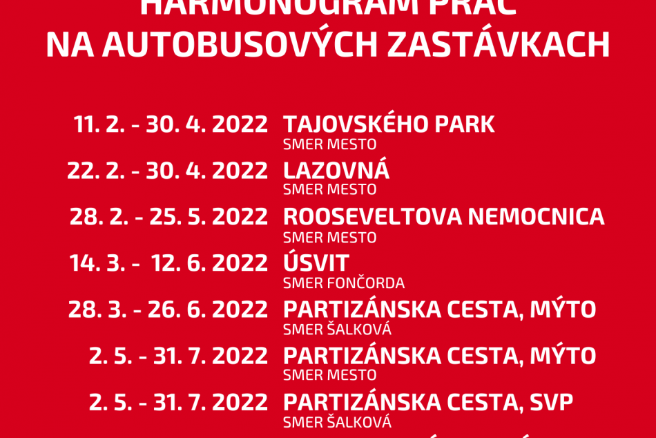 Plánovaný harmonogram prác na autobusových zastávkach