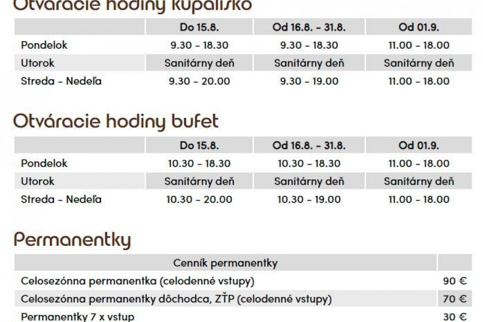 PREHĽAD otváracích hodín a cenník vstupného na kúpalisku Kúpele Sliač