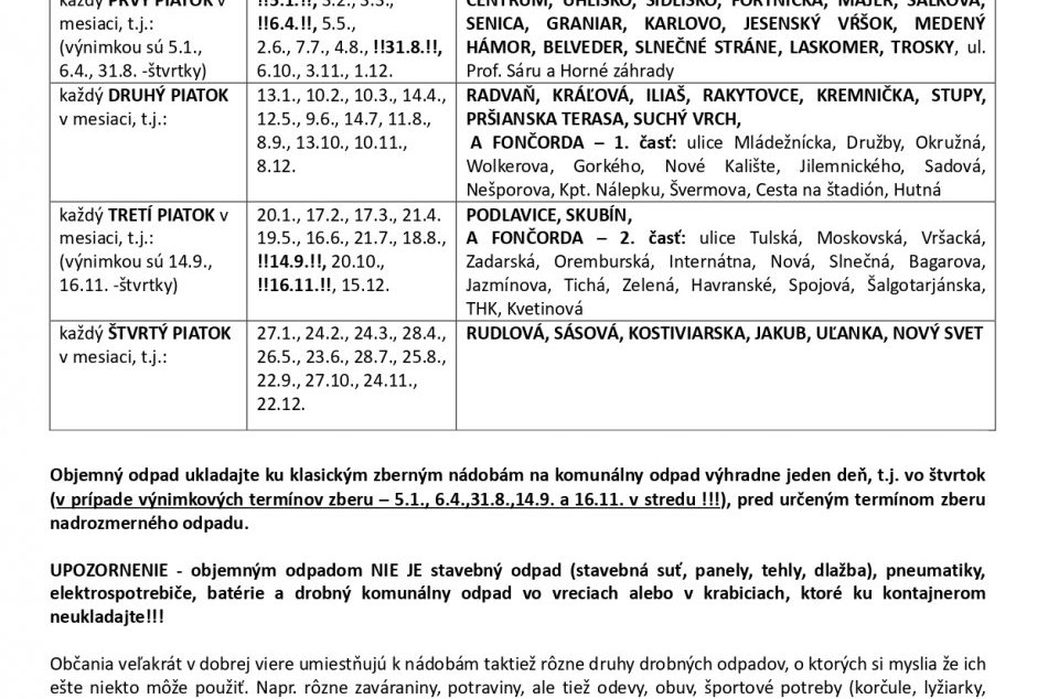 Harmonogram zberu odpadu