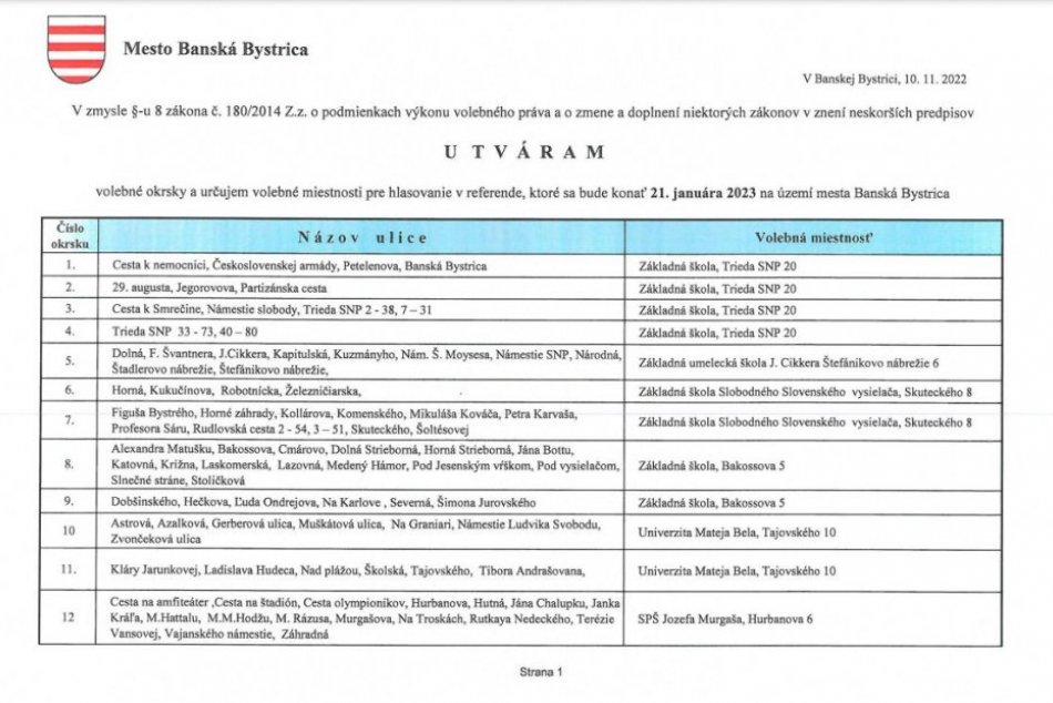 Volebné okrsky a volebné miestnosti v Bystrici pre hlasovanie v referende
