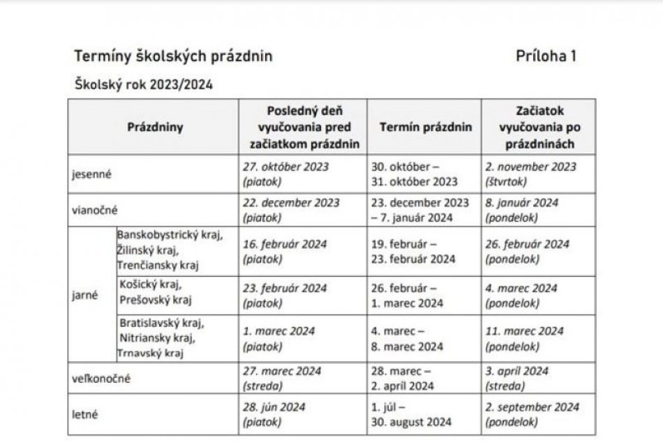 Školské prázdniny v roku 2023/24