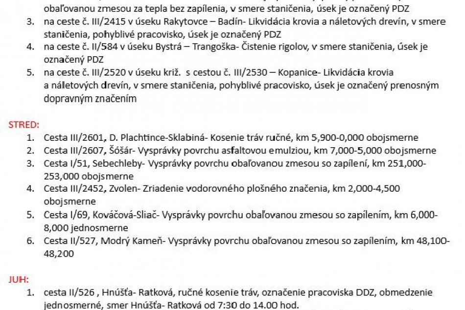 Práce na cestách v BBSK vo štvrtok 12. októbra