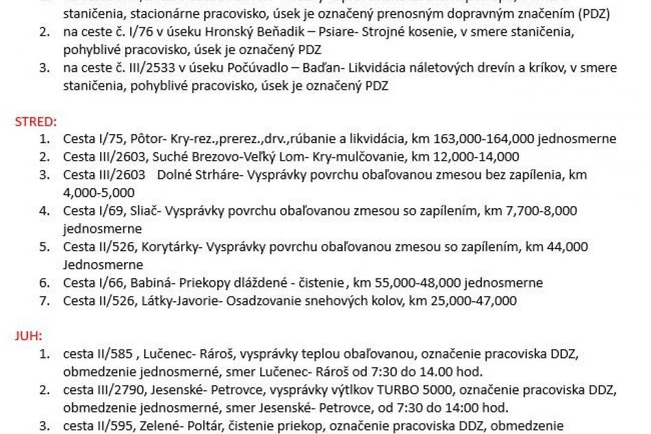 Dopravné obmedzenia v BBSK - 13.11.2023