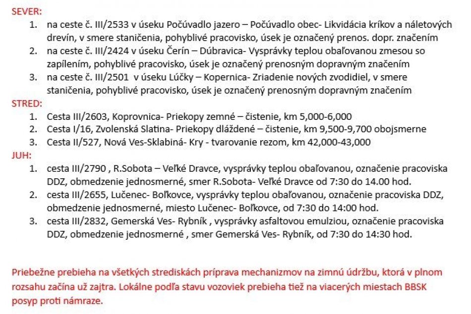 Dopravné obmedzenia v BBSK - 23.11.2023