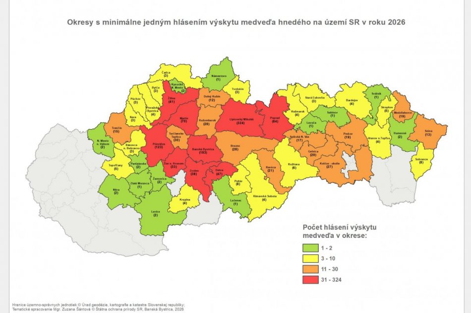 Aktuálna mapa hlásení výskytu medveďa hnedého