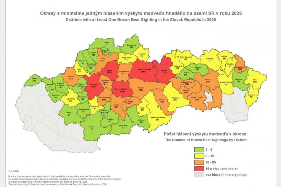 Aktuálna mapa hlásení výskytu medveďa hnedého - 7.9.2026